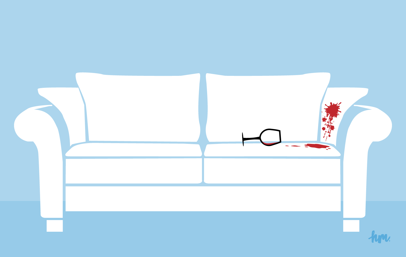 Illustration of a white couch with crimson splatters and a red wine glass tipped over.